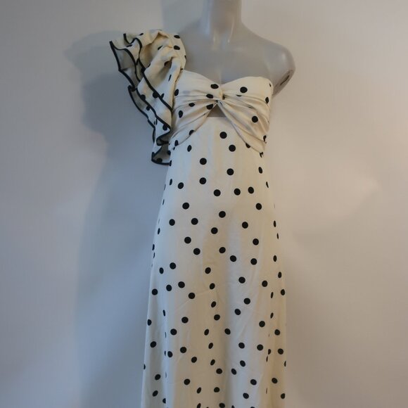 NWT Womens Benaar Natalie Ivory Black Polka Dot One Shoulder Paris Midi Dress S - Picture 8 of 15